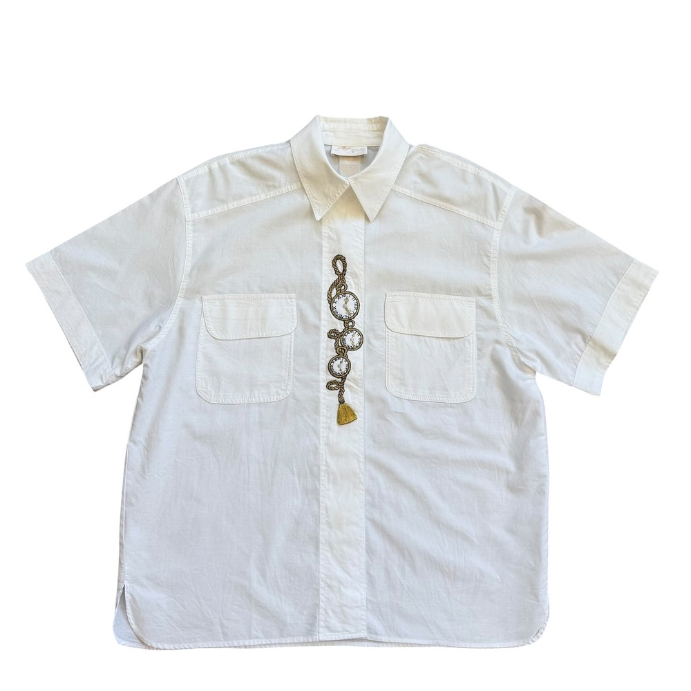 Vintage Gottex White Short Sleeve Button Up Shirt Pocket Watch Embroidery L